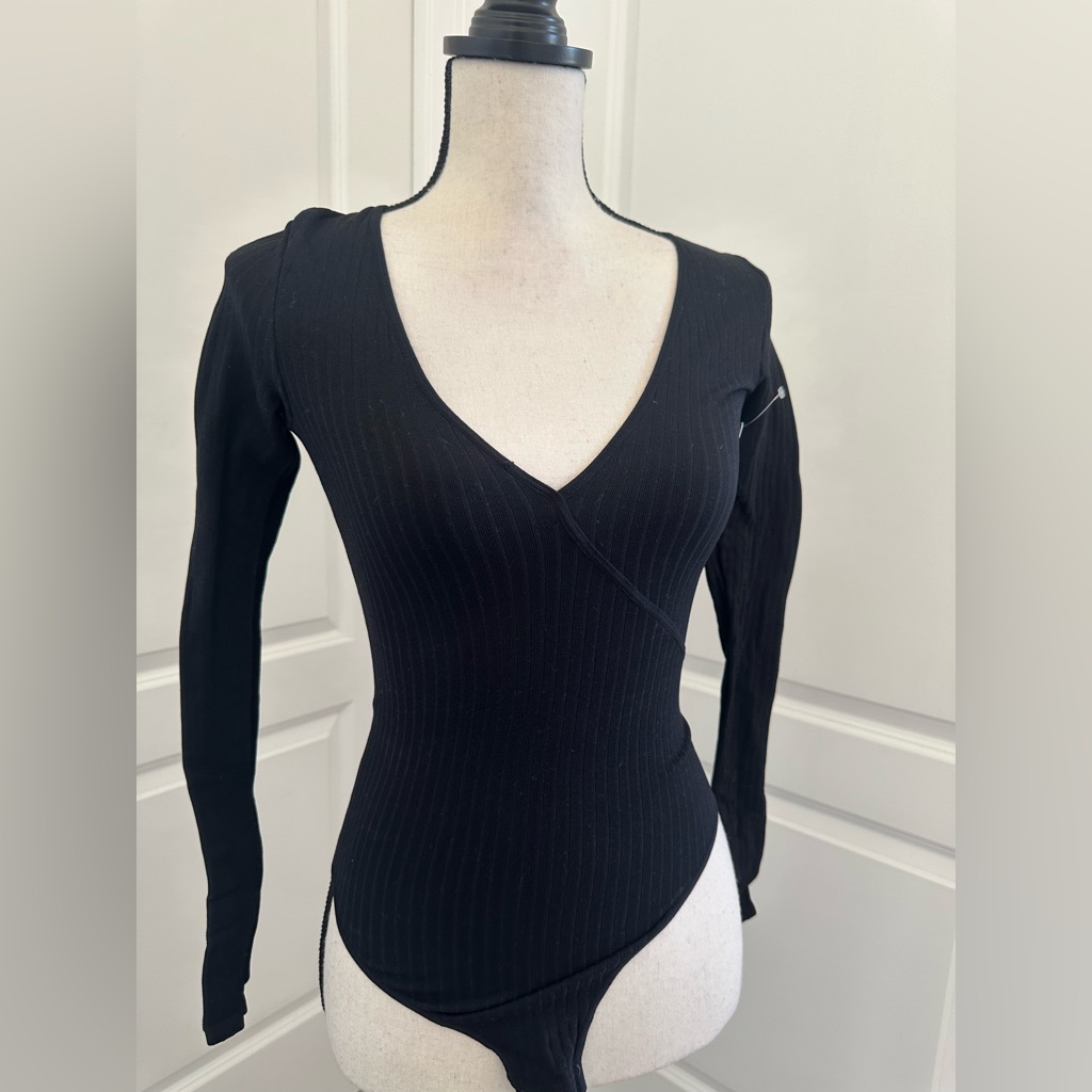 Free People Black Ribbed Longsleeve Bodysuit